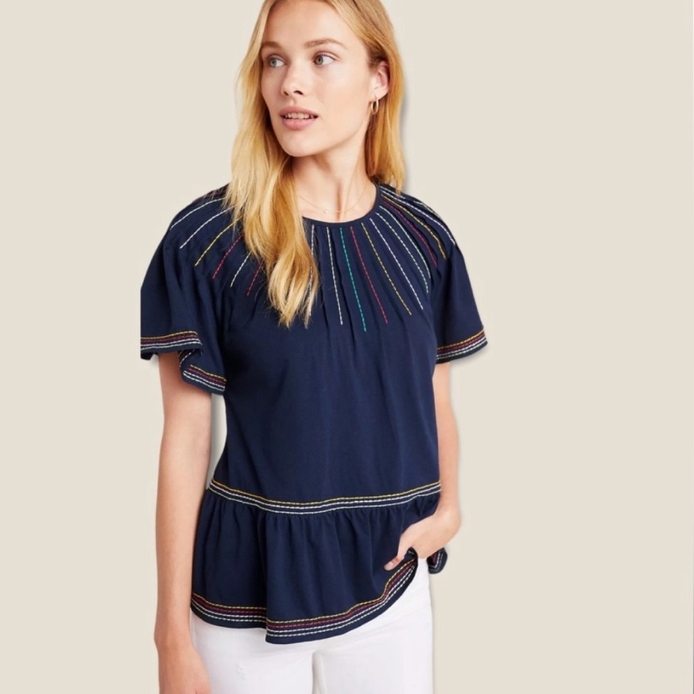Maeve by Anthropologie Chamonix Embroidered Swing Top Navy Size XS
